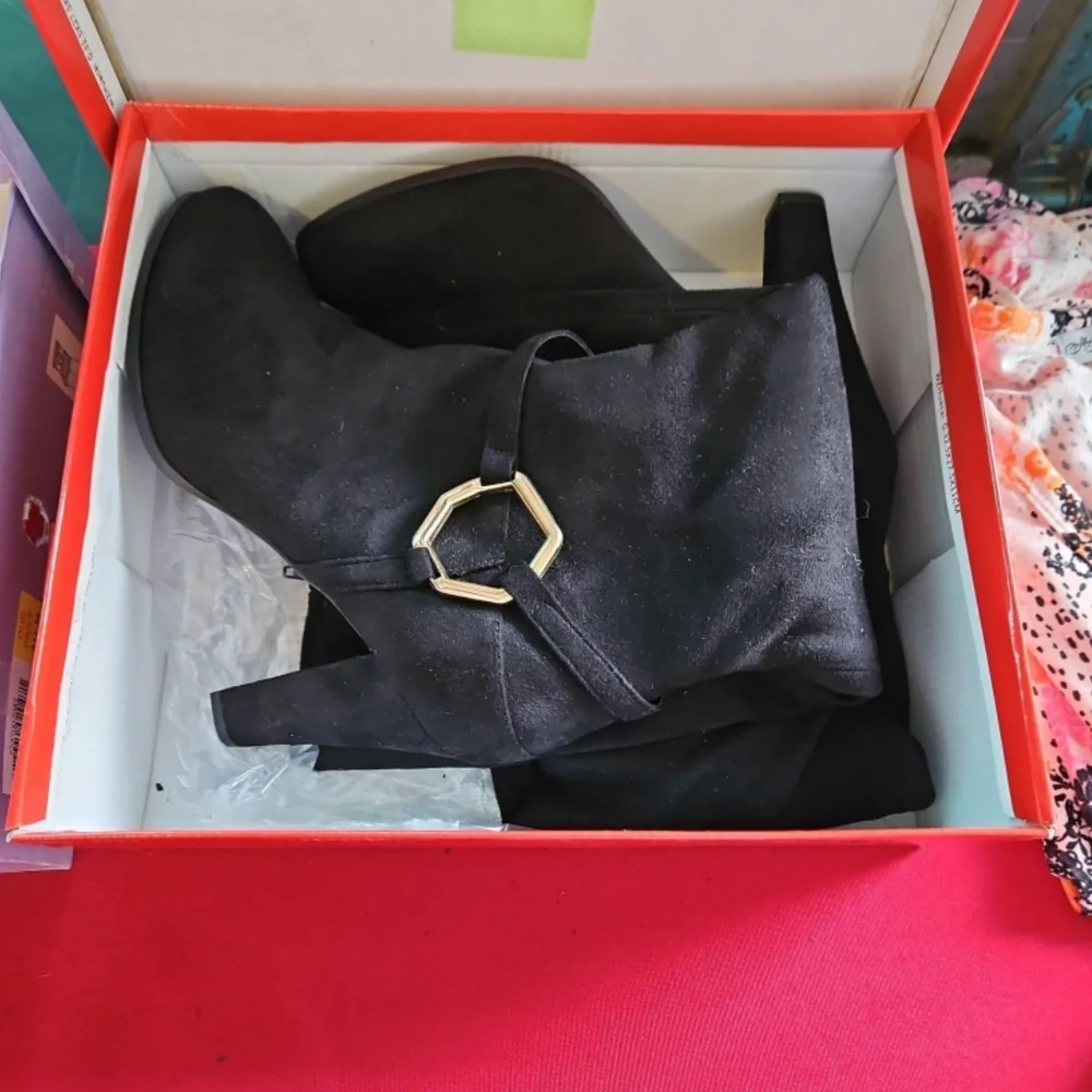 Hot Cakes Women's Size 9 1/2 Dark Grey Suede Heeled Boots with Buckle Detail - Picture 1 of 6